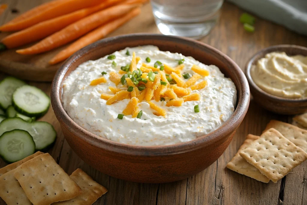 A rustic bowl of orange cottage cheese dip served with sliced carrots, cucumbers, and crackers on a wooden table.

