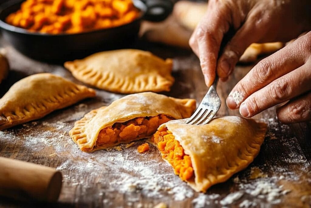 Close-up of hands folding and sealing sweet potato turnovers on a floured surface, with filling and tools in the background.

