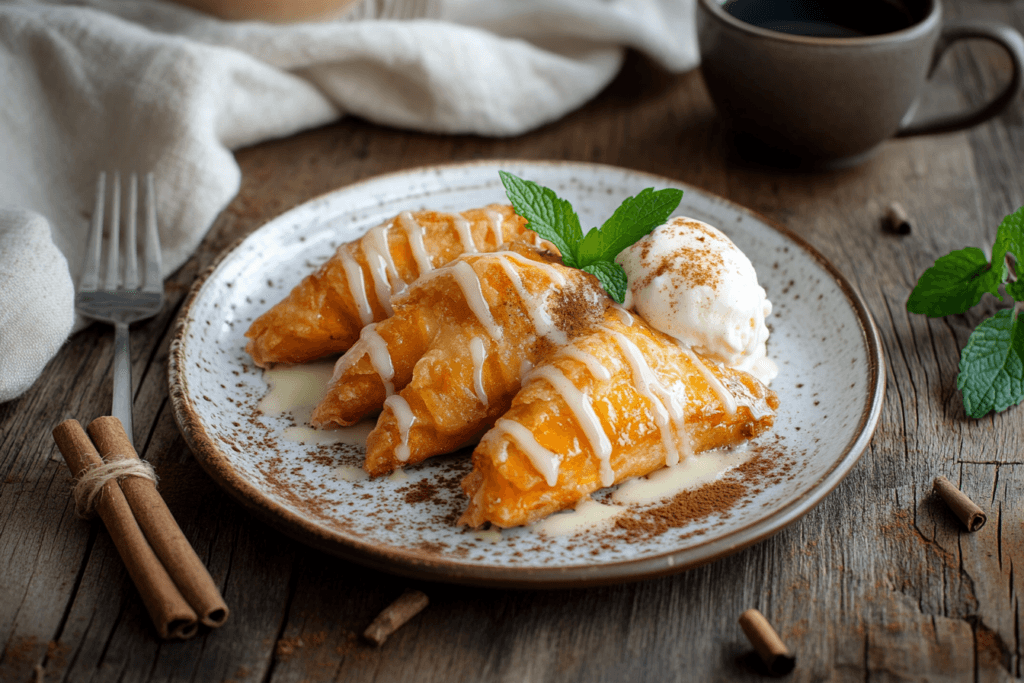 Golden fried sweet potato turnovers served with vanilla glaze, a scoop of ice cream, and garnished with cinnamon sticks and mint leaves.

