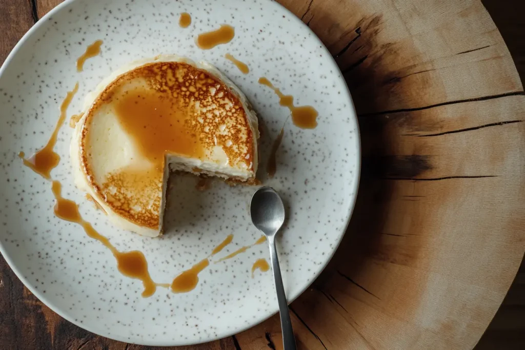 A beautifully plated Venezuelan quesillo with a golden caramelized topping, sliced to reveal its creamy, airy texture, drizzled with rich caramel sauce.