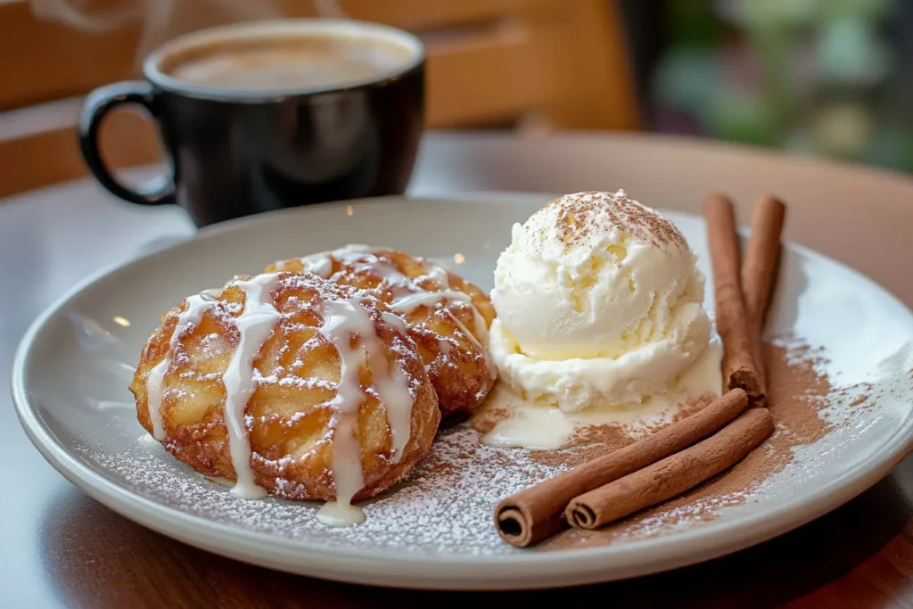A plated serving of apple fritters with vanilla glaze, paired with a scoop of ice cream and a warm cup of coffee.