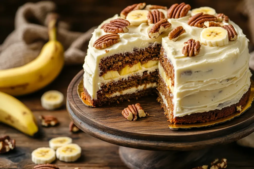 Moist hummingbird cake with cream cheese frosting and toasted pecans on a wooden cake stand, with a slice cut out.