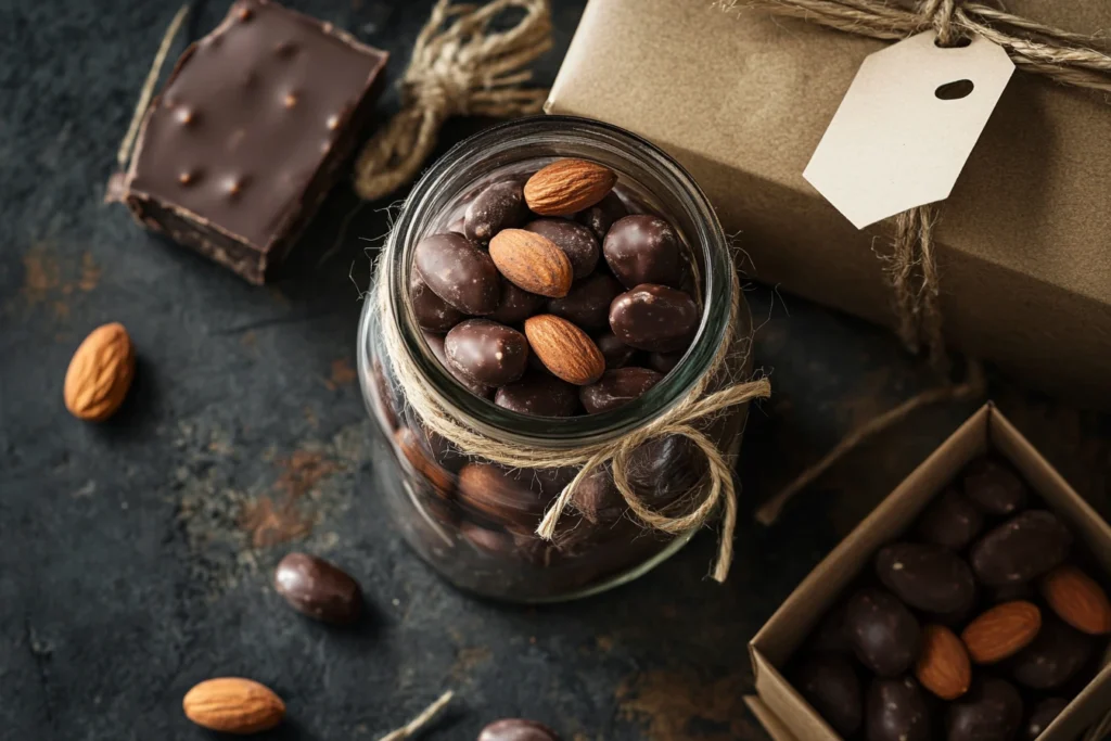 A beautifully wrapped glass jar filled with homemade chocolate-covered almonds, perfect for gifting.