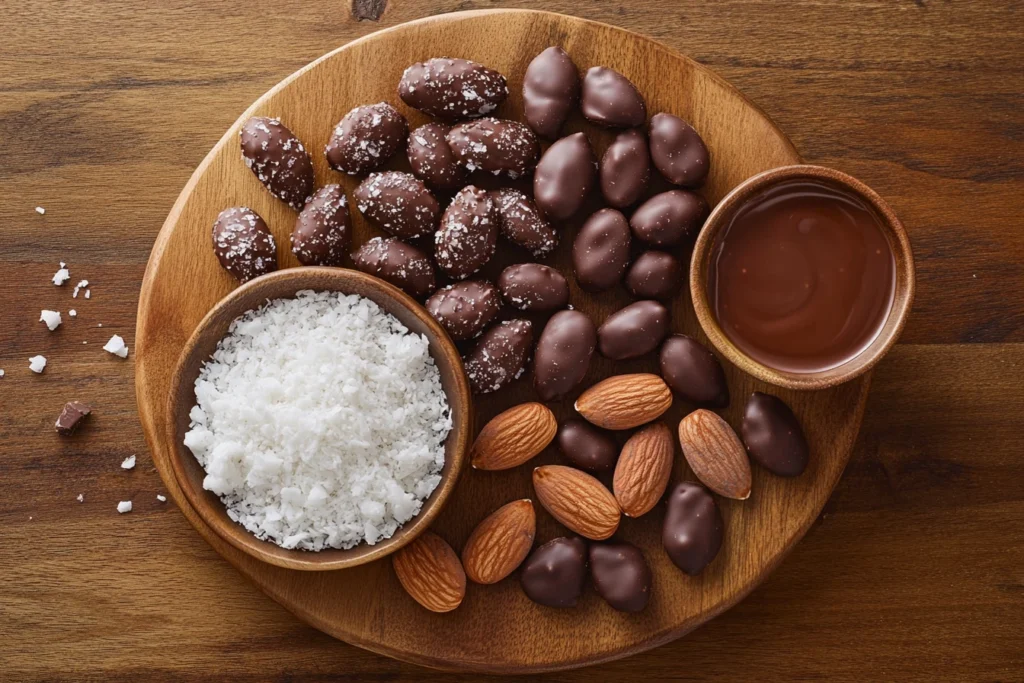 A wooden platter filled with assorted chocolate-covered almonds, including cocoa-dusted, sea salt, and coconut-coated varieties