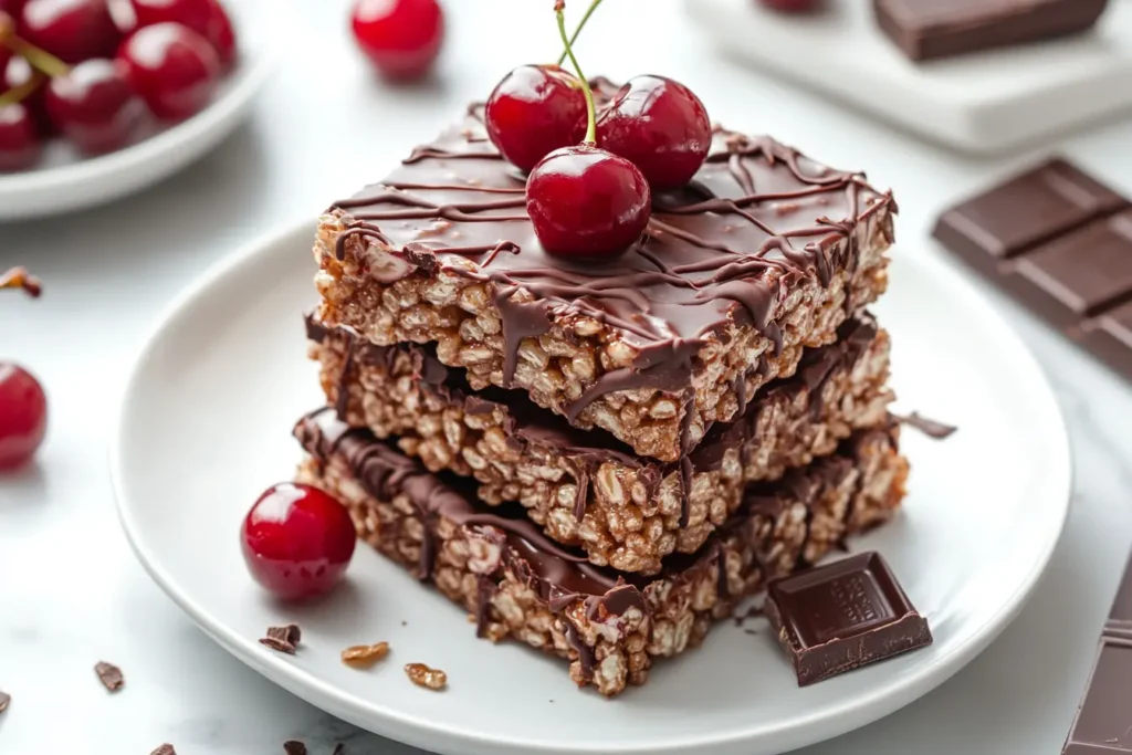 A stack of Chocolate Covered Cherry Rice Krispies Treats drizzled with melted chocolate, topped with chopped cherries, placed on a white plate.