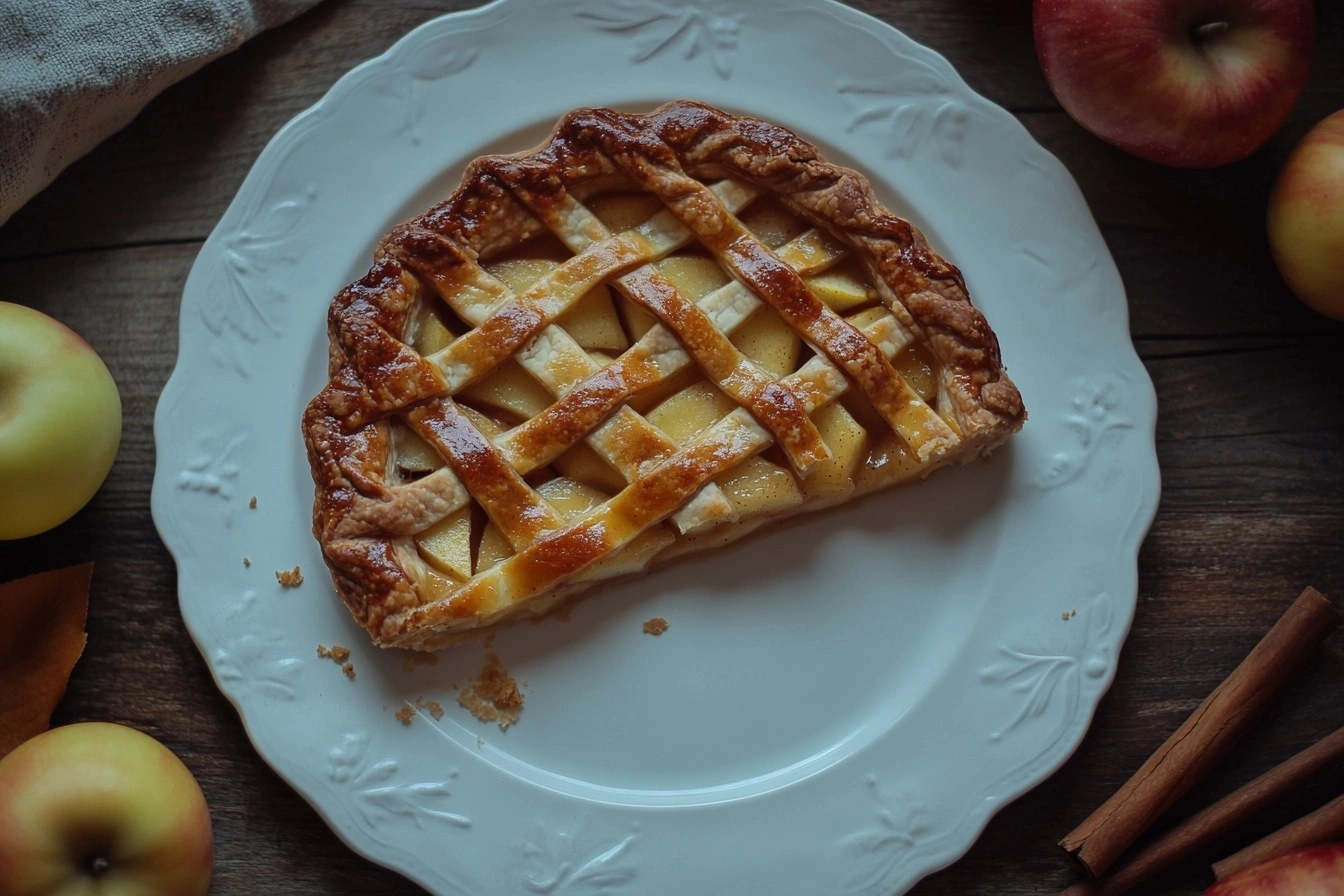 "Golden homemade apple pie with a flaky lattice crust, served warm with gooey spiced apple filling, surrounded by fresh apples and cinnamon sticks."