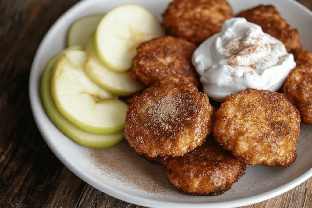 Baked apple fritters dusted with cinnamon on a plate with Greek yogurt.easy sugar-free dessert recipes