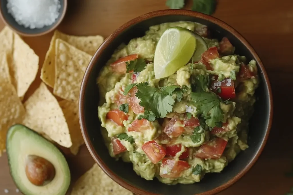 Fresh homemade guacamole served in a bowl with tortilla chips, garnished with tomatoes, cilantro, and lime.