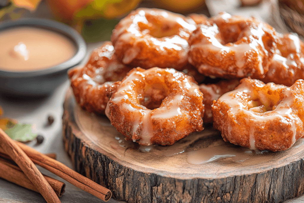 Freshly baked apple fritters drizzled with vanilla glaze, served on a rustic wooden platter with cinnamon sticks nearby.
