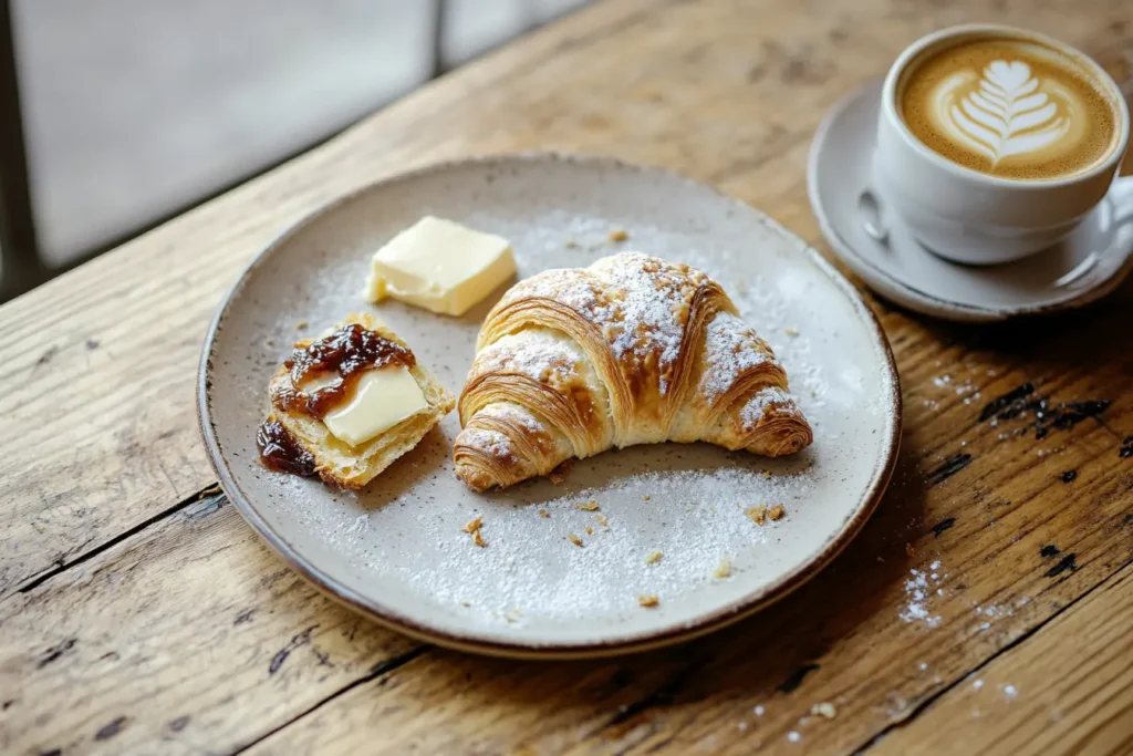 Freshly baked Gipfeli with golden, flaky layers on a wooden board, served with butter, jam, and a cup of coffee. A perfect Swiss breakfast pastry.