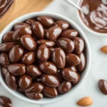 A bowl of glossy homemade chocolate-covered almonds with scattered almonds and melted chocolate in the background.