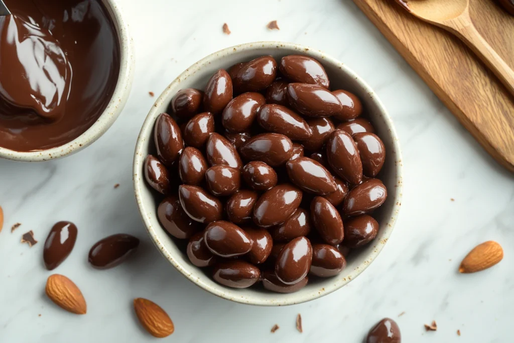 A bowl of glossy homemade chocolate-covered almonds with scattered almonds and melted chocolate in the background.