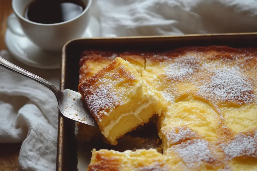 Freshly baked Neiman Marcus Cake with a golden, crackly top and gooey cream cheese filling, served on a rustic wooden table.