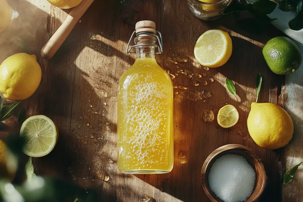 Fresh homemade sweet and sour mix in a glass bottle, surrounded by lemons, limes, and sugar on a rustic wooden table.