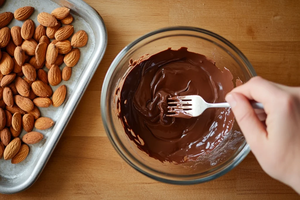 A step-by-step guide showing an almond being dipped into melted dark chocolate with a spoon stirring the bowl.