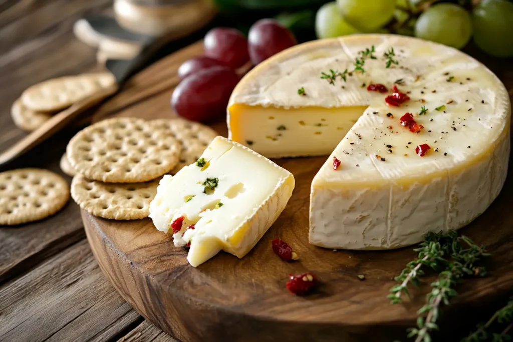 Close-up of Monterey Jack and Pepper Jack cheese on a wooden board, showing creamy texture and spicy pepper flecks. Perfect for pairing and melting.