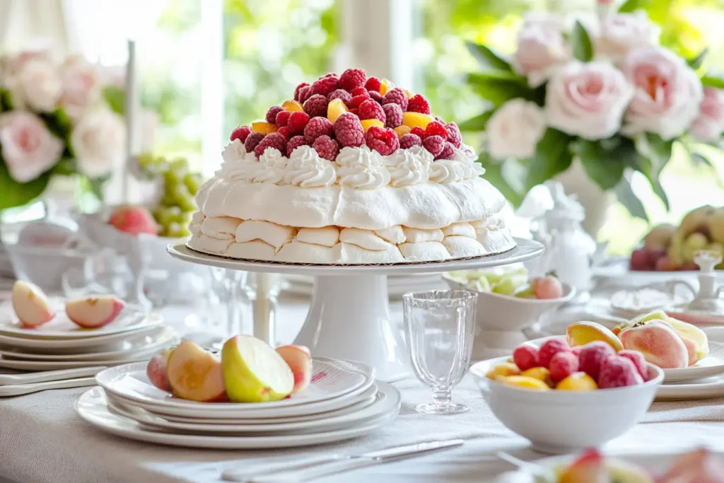 Featured image of a pavlova recipe topped with fresh fruits and whipped cream on a rustic wooden table.