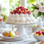 Featured image of a pavlova recipe topped with fresh fruits and whipped cream on a rustic wooden table.