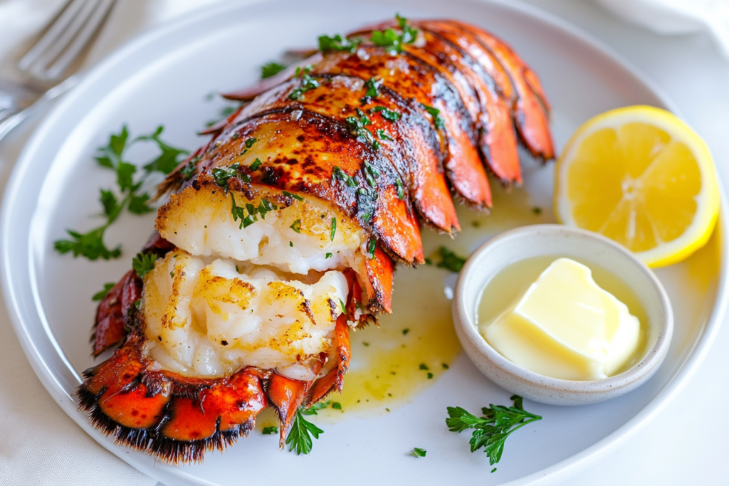 Golden broiled lobster tail with garlic butter, garnished with lemon wedges and fresh parsley on a white plate, served in an elegant dining setting.lobster tail recipes