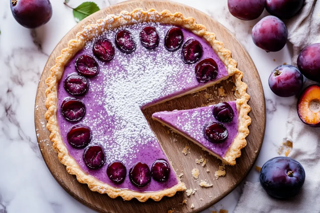 A freshly baked Plum Milk Tart with a flaky crust and a creamy, purple plum-infused filling, garnished with fresh plums and powdered sugar.