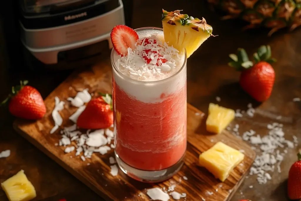 Refreshing Strawberry Piña Colada Smoothie in a tall glass, garnished with fresh fruit and coconut, placed on a wooden tray in a bright kitchen.