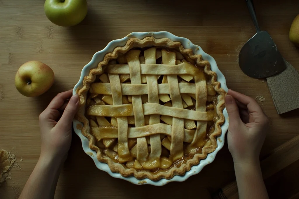 Homemade apple pie being assembled with a lattice crust over a spiced apple filling, ready to bake.