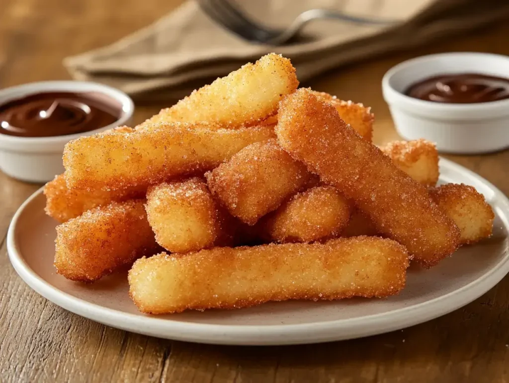 Close-up of crispy donut fries coated in cinnamon sugar, served with chocolate and vanilla dipping sauces on a rustic wooden table.