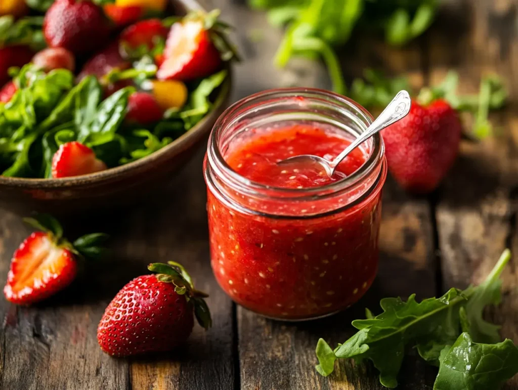 A glass jar filled with homemade strawberry vinaigrette, surrounded by fresh strawberries and a spoon dripping with dressing, placed on a rustic wooden table.