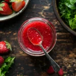 A glass jar filled with homemade strawberry vinaigrette, surrounded by fresh strawberries and a spoon dripping with dressing, placed on a rustic wooden table.