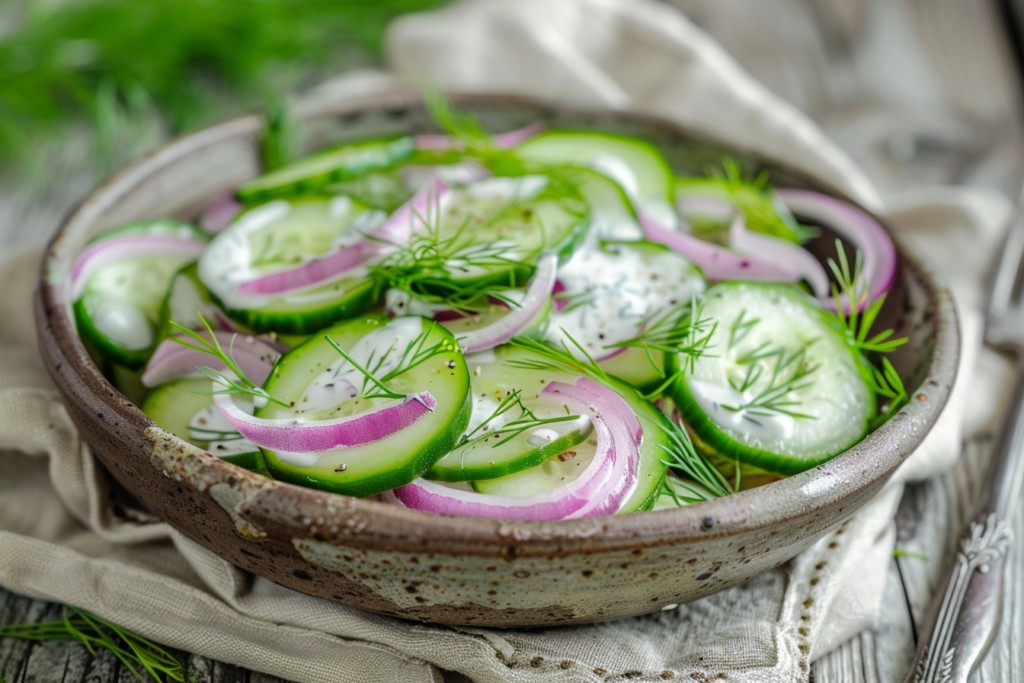 Creamy cucumber salad with red onions and fresh dill in a white ceramic bowl, served chilled with creamy dressing
