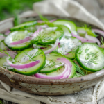 Creamy cucumber salad with red onions and fresh dill in a white ceramic bowl, served chilled with creamy dressing