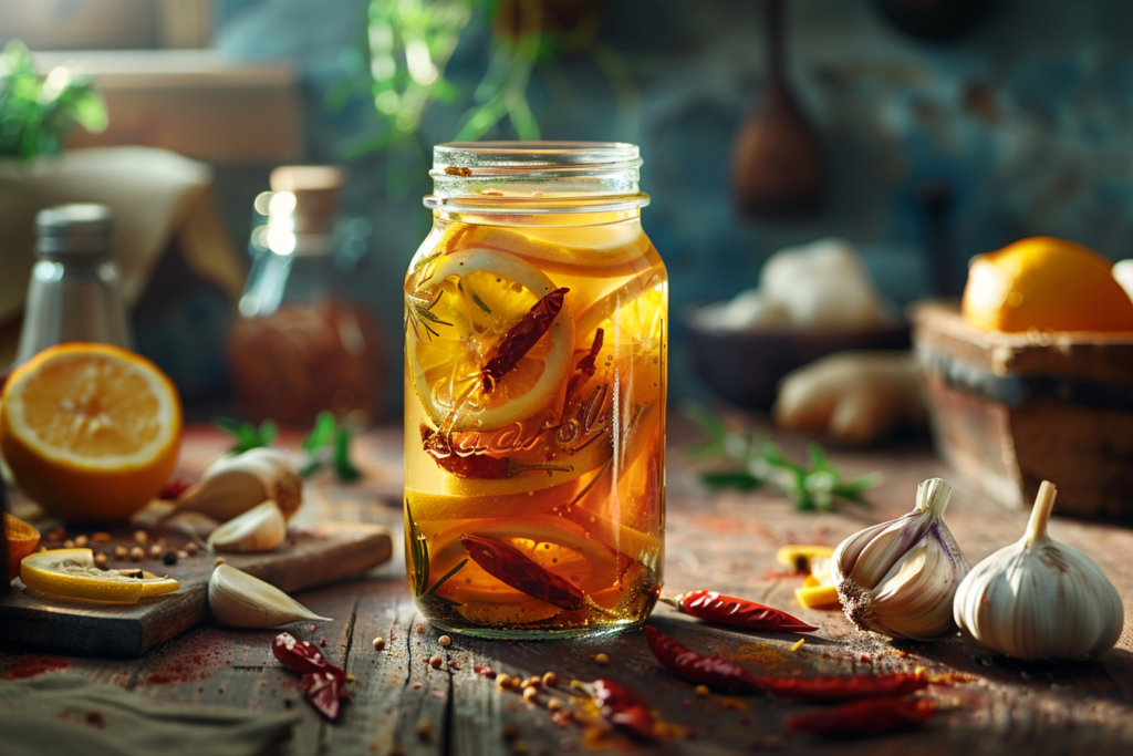 jar of homemade fire cider with garlic ginger citrus peppers Title: Fire Cider Recipe – Spicy Herbal Tonic