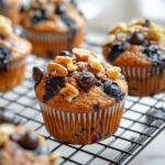 golden blueberry and chocolate chip homemade muffins cooling