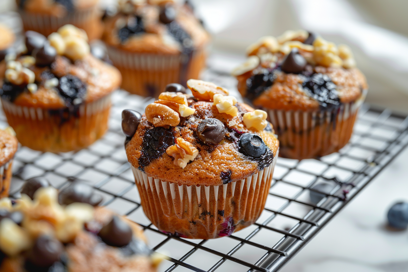 golden blueberry and chocolate chip homemade muffins cooling