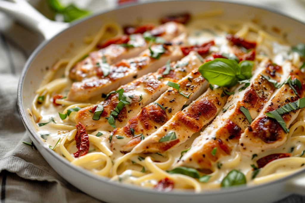 creamy marry me chicken pasta with sun-dried tomatoes and basil