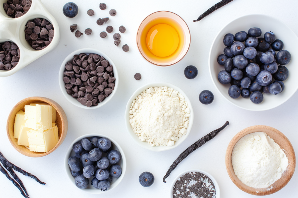 baking ingredients flour eggs butter milk blueberries chocolate