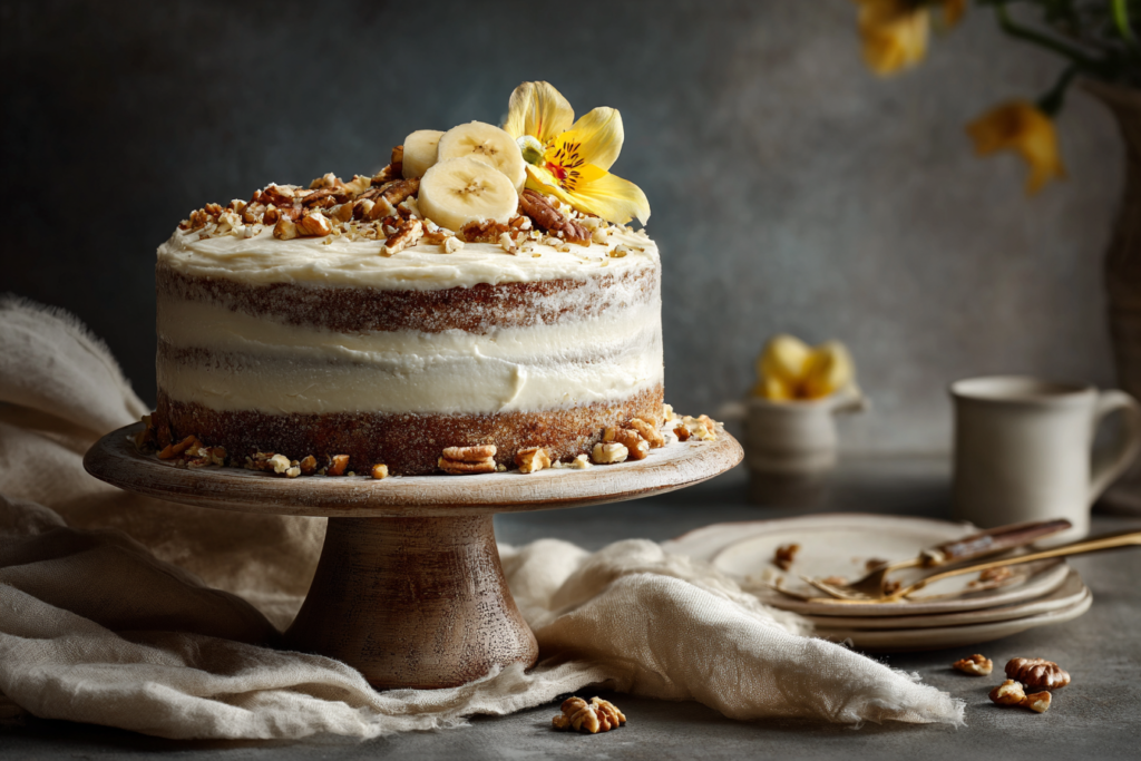 Moist hummingbird cake with cream cheese frosting, decorated with pecans and pineapple on a rustic cake stand