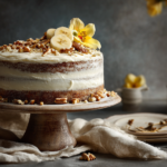 Moist hummingbird cake with cream cheese frosting, decorated with pecans and pineapple on a rustic cake stand