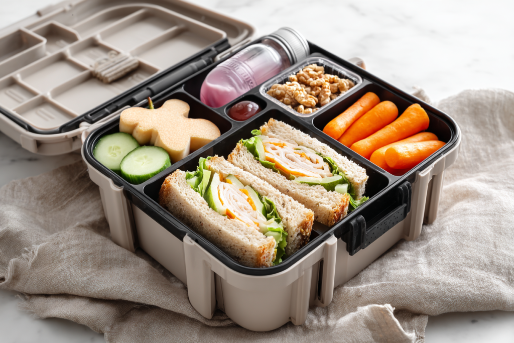 Healthy school lunchbox with sandwich, apple slices, cucumber, carrots, granola bar, and water bottle