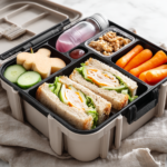 Healthy school lunchbox with sandwich, apple slices, cucumber, carrots, granola bar, and water bottle