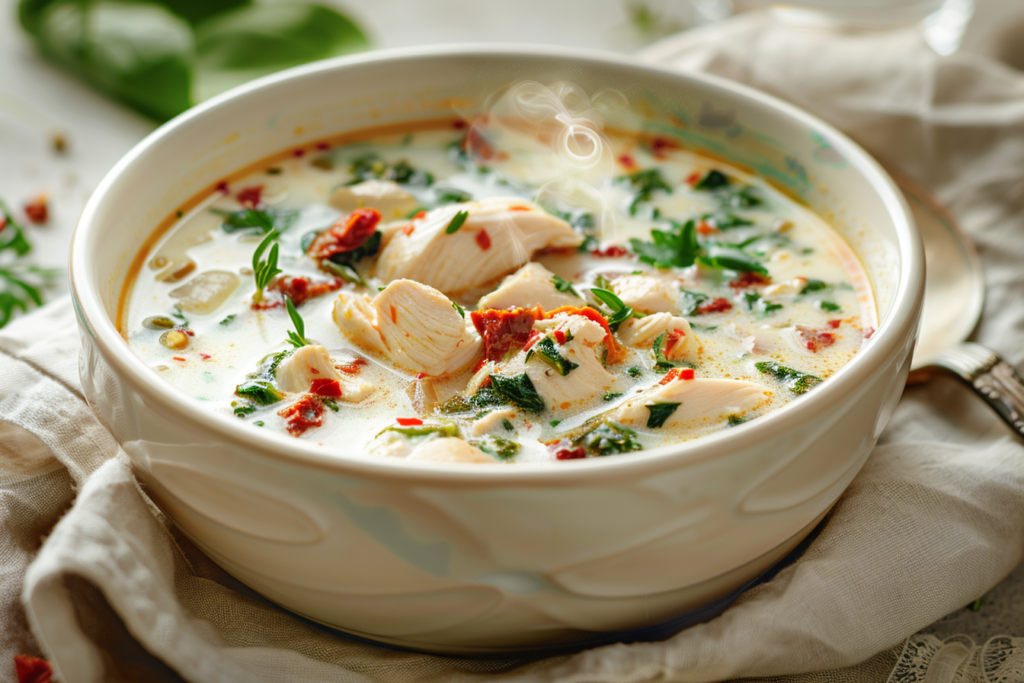 creamy chicken soup with sun-dried tomatoes and herbs