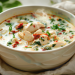 creamy chicken soup with sun-dried tomatoes and herbs
