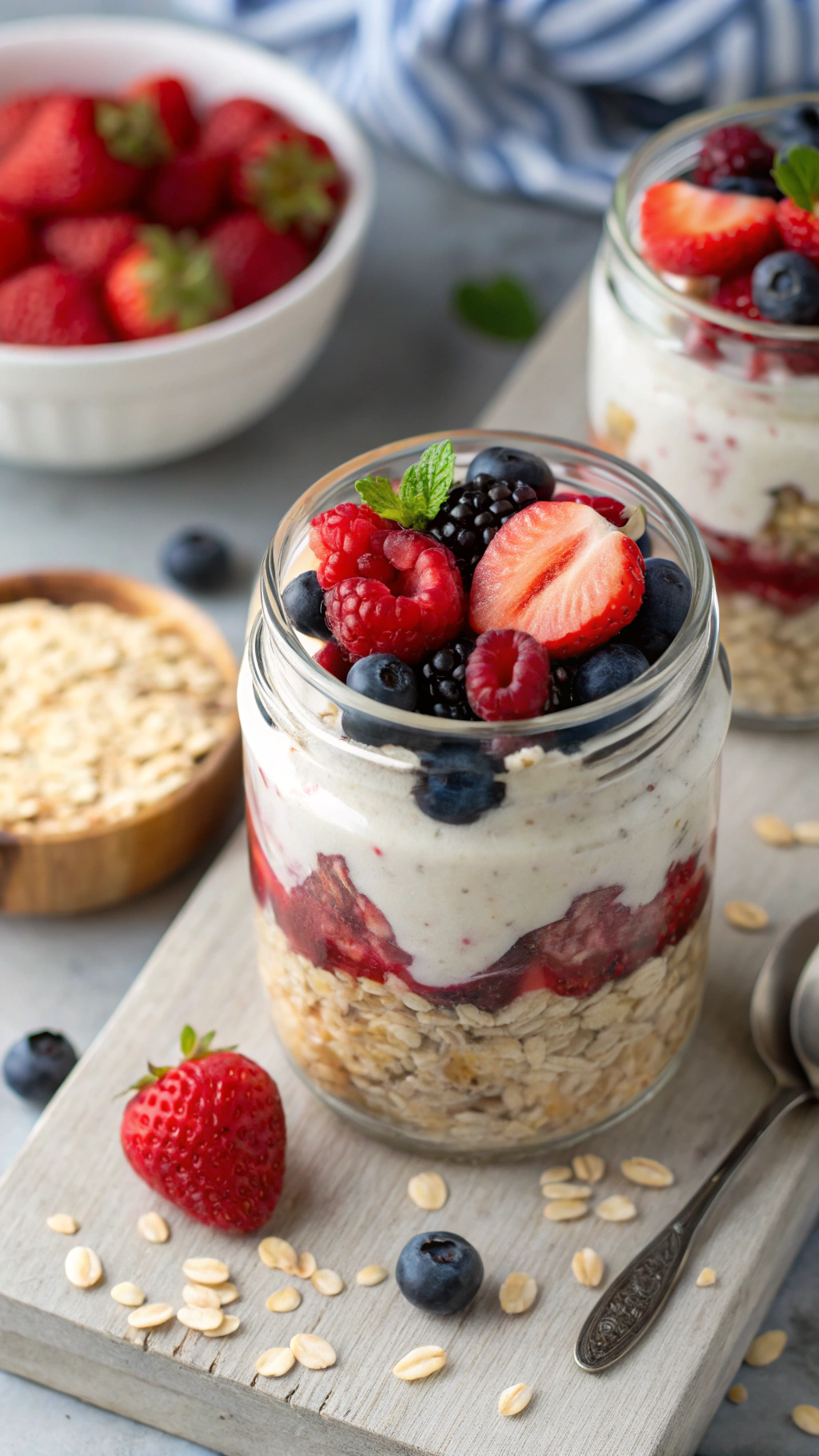 Overnight oats in a jar with fruit toppings