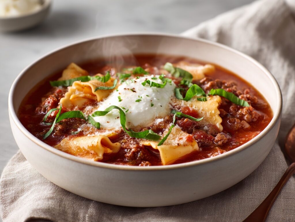 Close-up of 30-minute lasagna soup topped with melting ricotta, mozzarella, and Parmesan in a white bowl