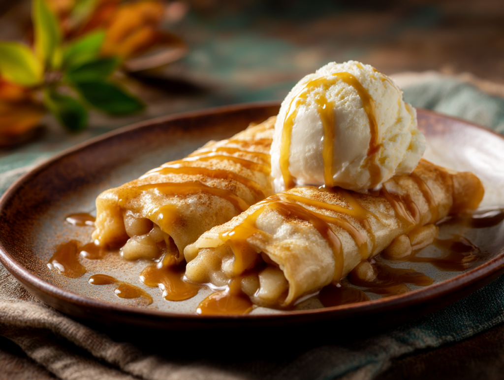 Golden apple pie enchiladas topped with ice cream and cinnamon drizzle