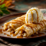 Golden apple pie enchiladas topped with ice cream and cinnamon drizzle