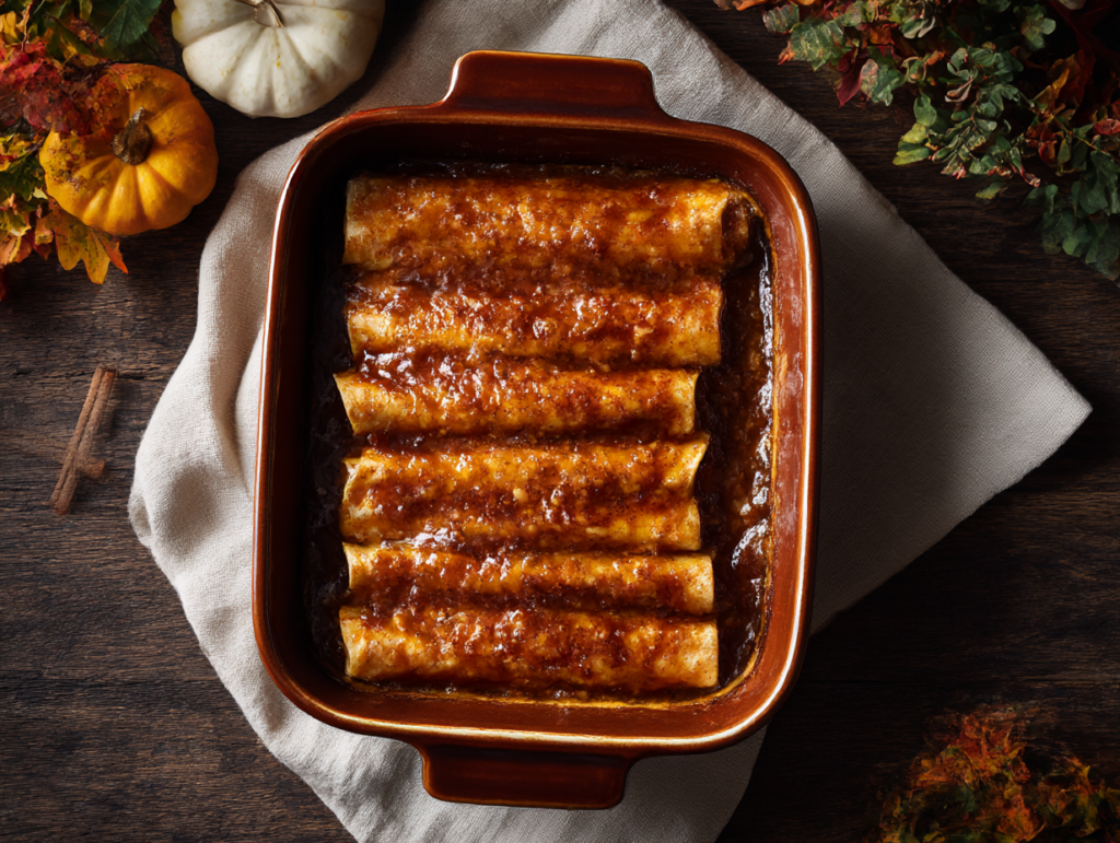 Freshly baked apple pie enchiladas with bubbling cinnamon sauce