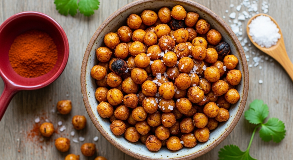 Top-down roasted chickpeas in a ceramic bowl with spices nearby