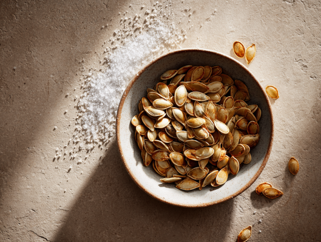 Roasted pumpkin seeds in a ceramic bowl with sea salt