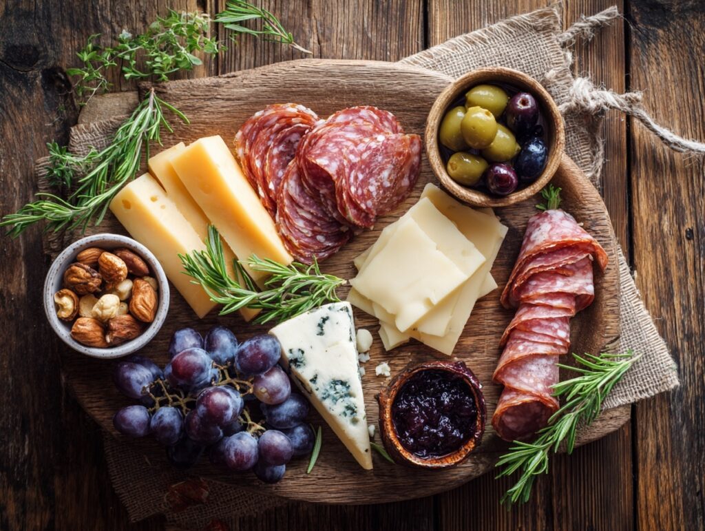 Rustic charcuterie board with brie, cheddar, salami, prosciutto, grapes, olives, and nuts